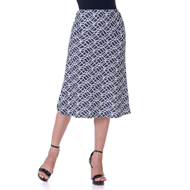 24seven Comfort Apparel Black Geometric Print Comfortable Elastic Waist Knee Length Skirt, 1 of 7