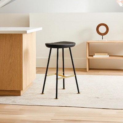 Royal Hampton 24" Backless Barstool with Handcrafted Mango Wood Saddle Seat | PVD Coating | Gold Footrest | Iron Legs