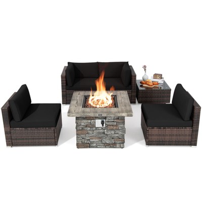 Tangkula Patio Rattan 6PCS Cushioned Sofa Set Furniture Set Thick Cushion with 34.5" Fire Pit Table for Garden Black/Blue/Red/Turquoise/Off White
