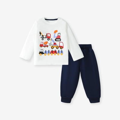 MyKids-USA Spring And Autumn Boys Cartoon Vehicles Pattern Long Sleeves Top T-Shirt And Solid Color Pants Clothing Set
