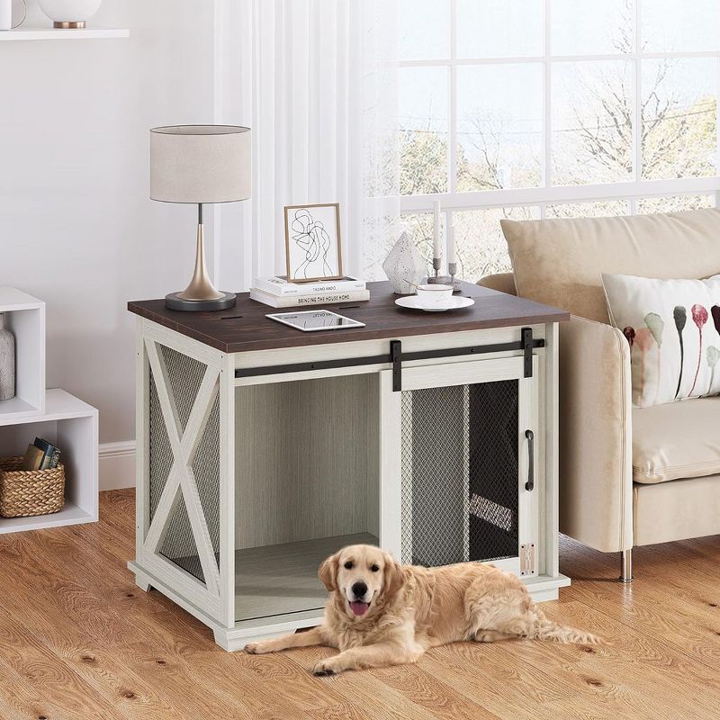 Whizmax 37'' Dog Crate Furniture Side End Table with Flip Top and Movable Divider, Wooden Dog Crate Table Large, Dog Kennel Side End Table, White, 3 of 9