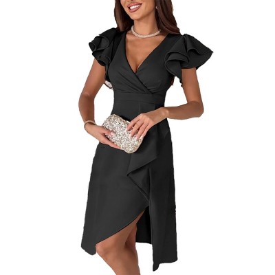 Womens Faux Wrap Formal Guest Dress Flutter Sleeve V Neck High Wasit Garden Party Formal Dress Guest Dress Side Slit Elegant Midi Dress