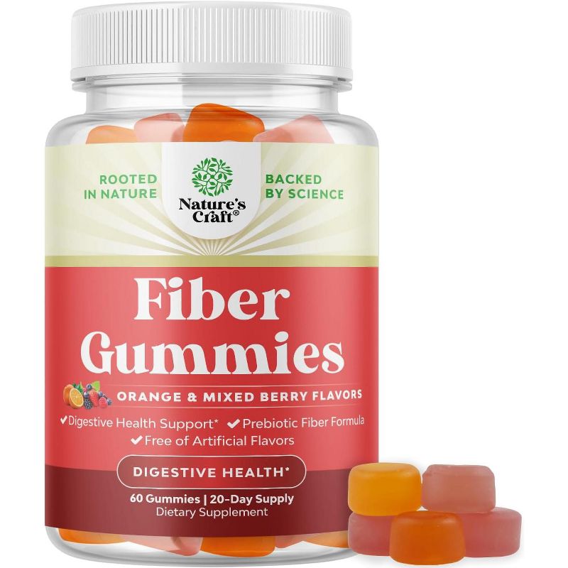 Prebiotic Fiber Gummies for Adults, Prebiotic Soluble Chicory Root, Immunity & Digestive Support, Orange & Mixed Berry Flavor, Nature's Craft, 60ct, 1 of 5