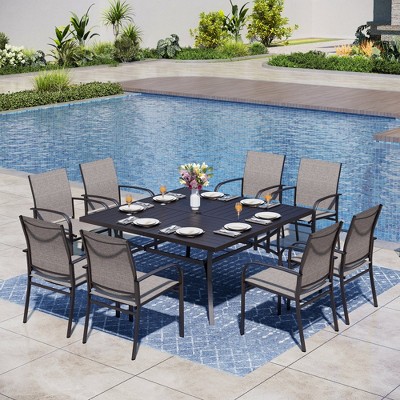 Captiva Designs 9pc Spacious Slat-top Square Metal Table with Umbrella Hole & Sling Fixed Dining Chairs