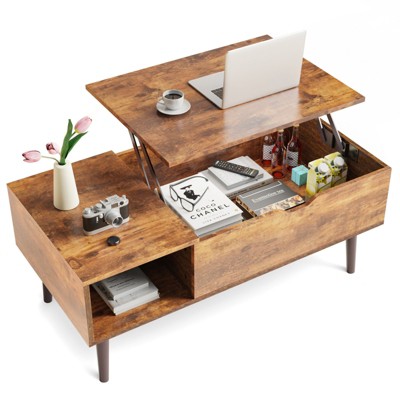 DSVIMOY Lift Top Coffee Table with Adjustable Storage Shelf, Rising Farmhouse Tabletop Desk Table for Living Room, Brown, 39.3"*19.6"*16.9"