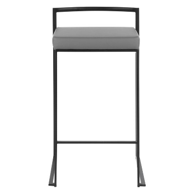 Black Metal and Wood Counter Stool with Grey Faux Leather Cushion