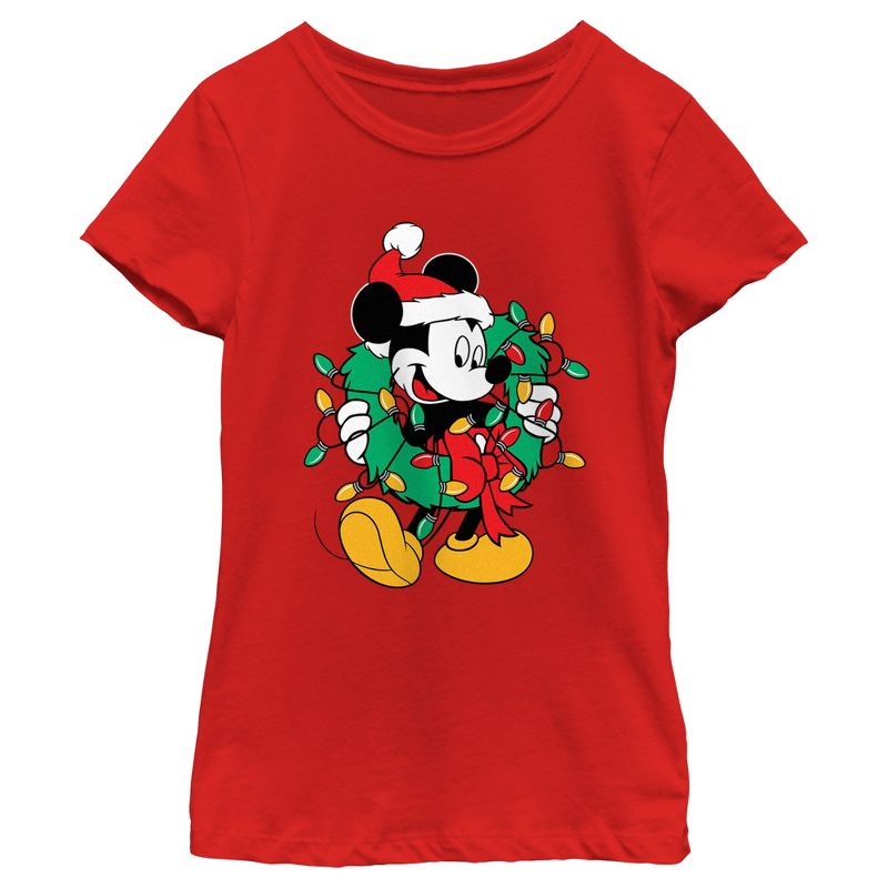 Girl's Mickey & Friends Christmas Wreath Mickey Mouse T-Shirt, 1 of 6
