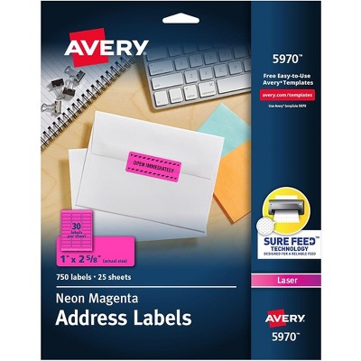 Avery® High-Visibility Labels, Permanent Adhesive, Neon Magenta, 1" x 2-5/8", 750 Labels