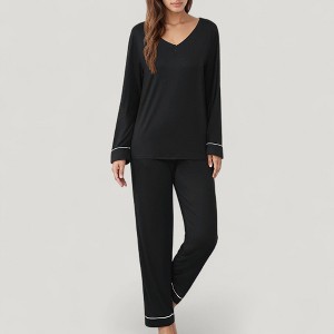 Anna-Kaci Lounge Women's Contrast Trim Long Sleeve V-Neck Pajama Top and Lounge Pants Two Piece Sleepwear Set - 1 of 4