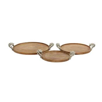 Set of 3 Round Natural Mango Wood Trays with Metal Leaf Handles Brown - Olivia & May