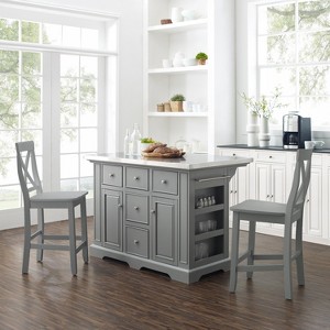 HomeStock  Julia Stainless Steel Top Island with Storage, Coffee Bar, and a Set of 2 X-Back Stools, Gray - 1 of 4