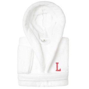 Personalized Linum Kids 100% Polyester SUPER PLUSH Double Brushed Hooded Bathrobe in Pink Bookman Font - 1 of 3