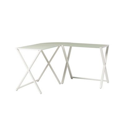 Tempered Glass and Metal X-Leg L-Shaped Computer Desk with Beveled Glass Top and Powder-Coated Metal Frame and Space-Saving Design