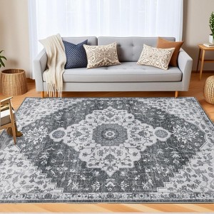 Washable Vintage Area Rug Non-Slip Non-Shedding Living Room Mat, Low Pile Oriental Medallion Floor Carpet, Indoor Foldable Soft Accent Rug - 1 of 4