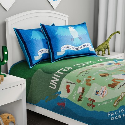 Blue Twin Microfiber Quilt Set with USA Landmarks