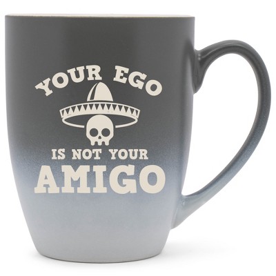 100 North Skull Sombrero 10 Ounce Gray and White Two Toned Ombre, Comfortably Fits Your Hands, Ceramic Tea Coffee Cup Mug, Your Ego Is Not Your Amigo