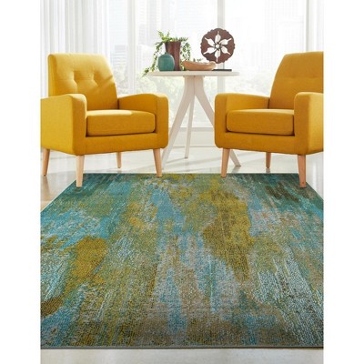 Turquoise and Yellow Abstract Synthetic Indoor Area Rug
