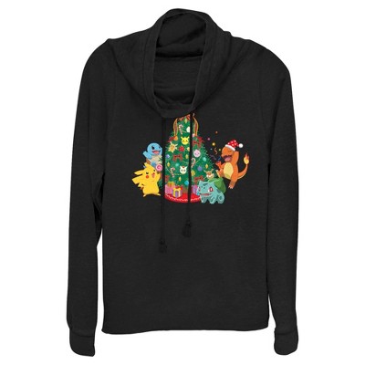 Juniors Womens Pokemon Christmas Tree Characters Cowl Neck Sweatshirt