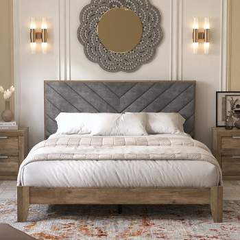 Galano PVTcus with Velvet Brown Wood Frame Upholstered Queen Platform Bed with Headboard