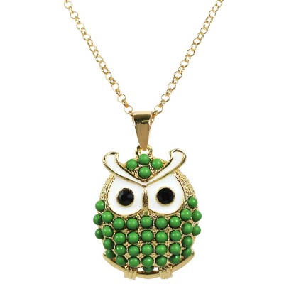 Gold Oliver Owl Long Pendant Necklace Green