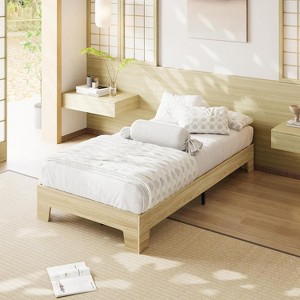 Twin Bed Frame,Platform Wood Bed Frame with Wooden Slat and Metal Slat Support,Golden Sandalwood - 1 of 4