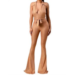 Women's Lurex Rib Deep V-Line Disco Jumpsuit - Aced It - 1 of 3