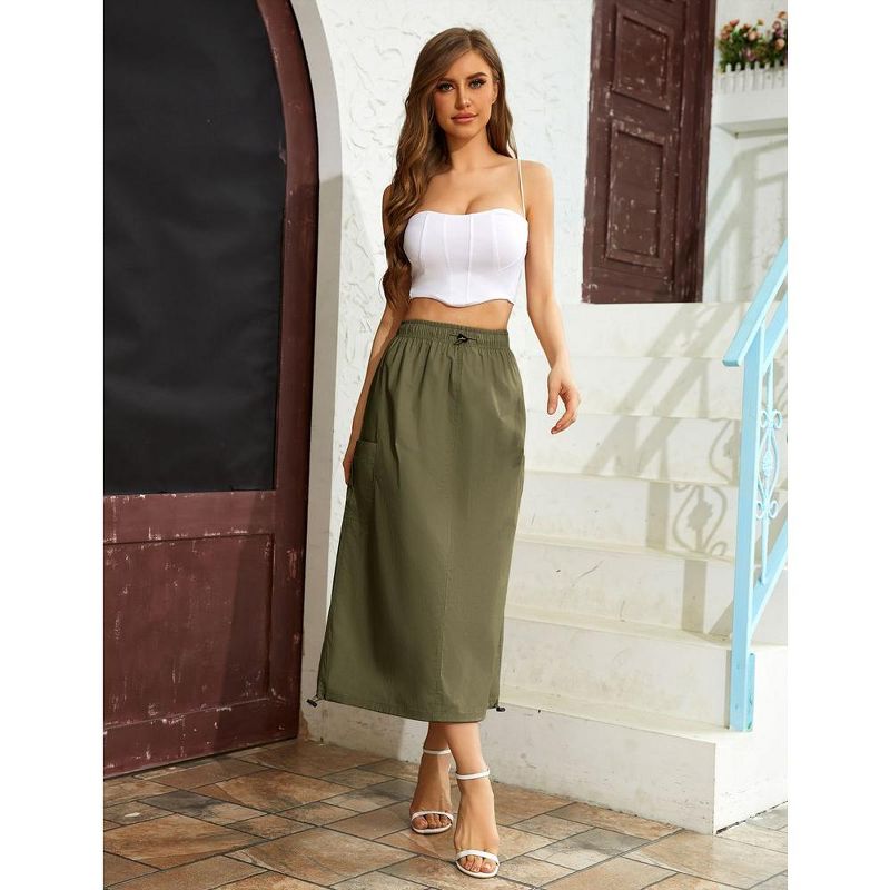 Women Y2k Cargo Long Skirt Drawstring Waist Casual Back Ruched Vintage Slit Skirts with Pockets, 1 of 8
