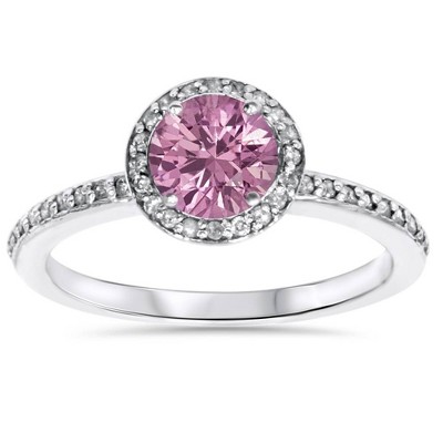 Pompeii3 3/4ct Simulated Pink Sapphire & Genuine Diamond Halo Ring 14K White Gold