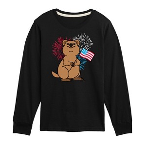 Boys' - Instant Message - Quokka with American Flag & Fireworks Long Sleeve Graphic T-Shirt - 1 of 4