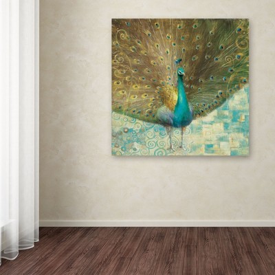 Teal Peacock on Gold Canvas Painting by Danhui Nai