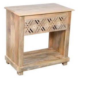HomeRoots 28" Natural Solid Wood Carved Geometric One Drawer Nightstand - 1 of 4
