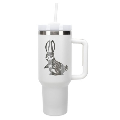 Elanze Designs 40 Ounce Travel Tumbler With Straw and Lid Stainless Steel Double Wall Insulated Gentle Floral Rabbit White
