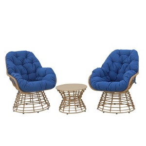 360° Swivel Chairs for Outside Patio Set of 3,PE Wicker Luxury Lounger Chair with Coffe Table,Soft Cushion for Apartment Balcony,Patio,Porch,Yard - 1 of 4