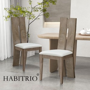 Set of 2 Dining Chairs, Wooden High Back Chairs with PU Leather Upholstered Seat, Natural - HABITRIO - 1 of 4