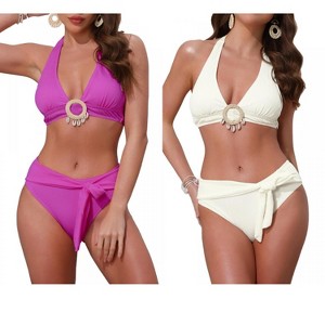 INSPIRE CHIC Women's O Ring Seashell Pendants Ribbed Halter Top Triangle Bottoms Swimwear Bathing Bikini Suits 2 Sets - 1 of 4