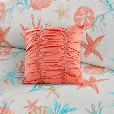 Coral and Teal Coastal Cotton Duvet Cover Set, Full/Queen, 6 Pieces
