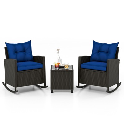 Tangkula Set of 3 Wicker Rocking Set w/ Tempered Glass Table Patio Outdoor