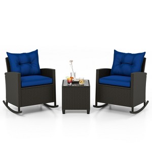 Tangkula Set of 3 Wicker Rocking Set w/ Tempered Glass Table Patio Outdoor - 1 of 4