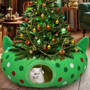 Cat Tunnel Christmas Tree Skirt, Cat Tunnels , Red and Green Dot Cat Donut Tunnel with Hanging Ball and Cat Ears - 1 of 4