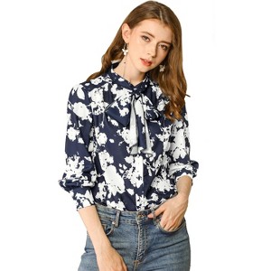 Allegra K Women's Boho Floral Printed Shirts V Neck Pussybow Blouse Top - 1 of 4