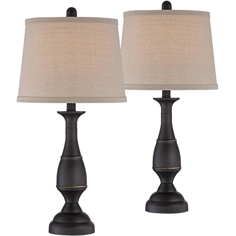 Regency Hill Ben Rustic Farmhouse Table Lamps 25" High Set of 2 Dark Bronze Metal Beige Linen Drum Shade for Bedroom Living Room Bedside Nightstand
