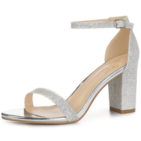 Perphy Women's Glitter Ankle Strap Chunky High Heels Sandals Silver 9 :  Target