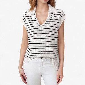 Anna-Kaci Women's Striped Collared Sleeveless Knit Top with Deep V-Neck and Ribbed Hem Detailing - 1 of 4