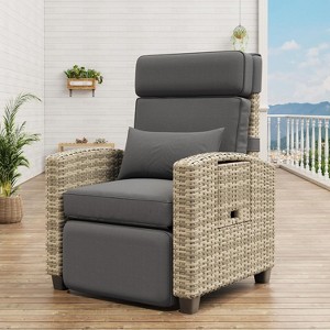 Outdoor Wicker Lounge Recliner Chair, Rattan Patio Recliner with Air Pump, Adjustable Backrest, Flip-Up Table and Cushion, 150 Degree Lay Flat - 1 of 4