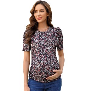 Clearlove Maternity Casual Shirts Women's Puff Short Sleeve T-Shirt Pregnancy Striped Ruched Side Tunic Top - 1 of 4