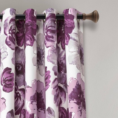 Leah Purple and Gray Floral Room Darkening Curtains, 52"W x 95"L