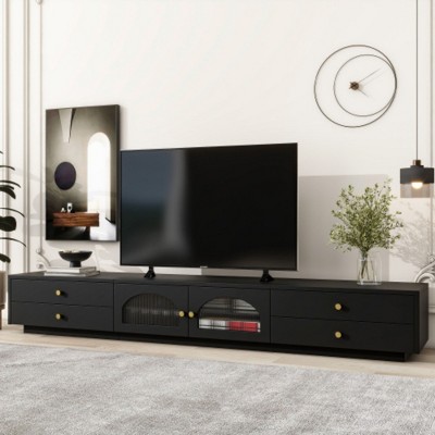 95'' Luxurious TV Stand with Fluted Glass Doors, Elegant Media Console, Tempered Glass Shelf Cabinet with Storage