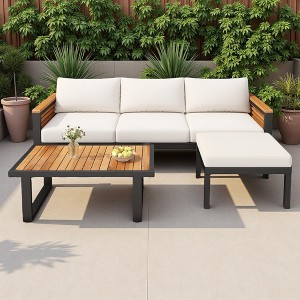 74" Outdoor Patio L-Shaped Acacia Wood Sectional Sofa Set with Coffee Table and Ottoman - 1 of 4