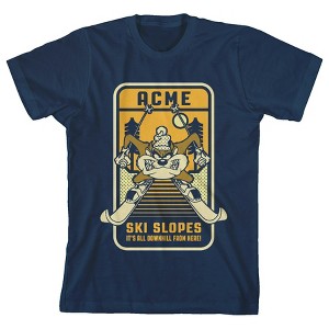 Looney Tunes ACME Ski Slope It's All Downhill From Here Boy's Navy Blue T-shirt - 1 of 3