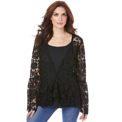 Roaman's Women's Plus Size Bell-Sleeve Lace Jacket, 38 W - Black